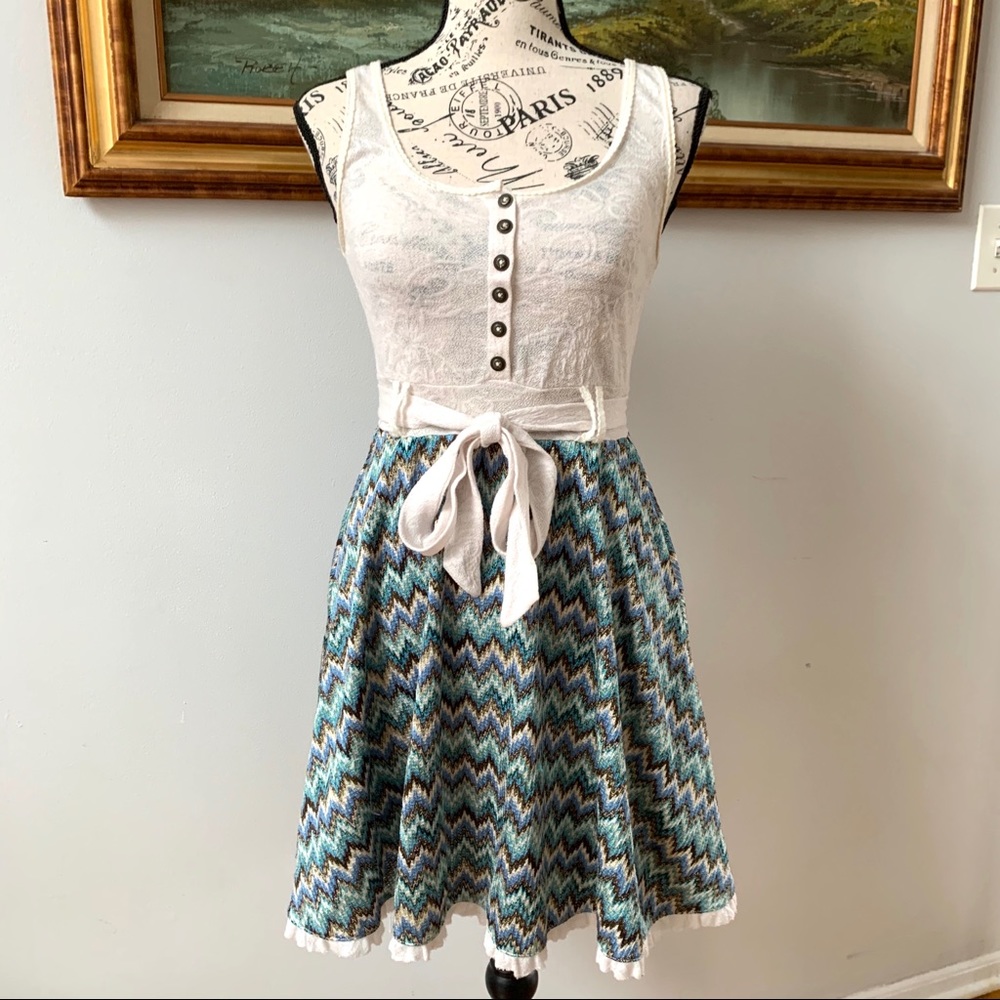 White Tank Top & Blue Chevron Skirt Dress with Waist Tie